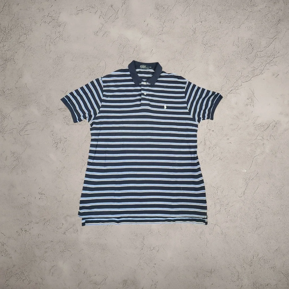 Polo Ralph Lauren Striped Polo Shirt Mens XL Navy‎ Blue Y2K Vintage Boxy Fit